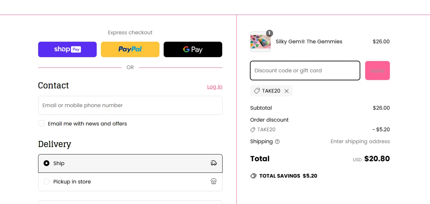 Silky Gem discount code screenshot showing code TAKE20 applied at Silky Gem checkout page. Uploaded by SimplyCodes community member VoucherSleuth8988 on Apr 12, 2025