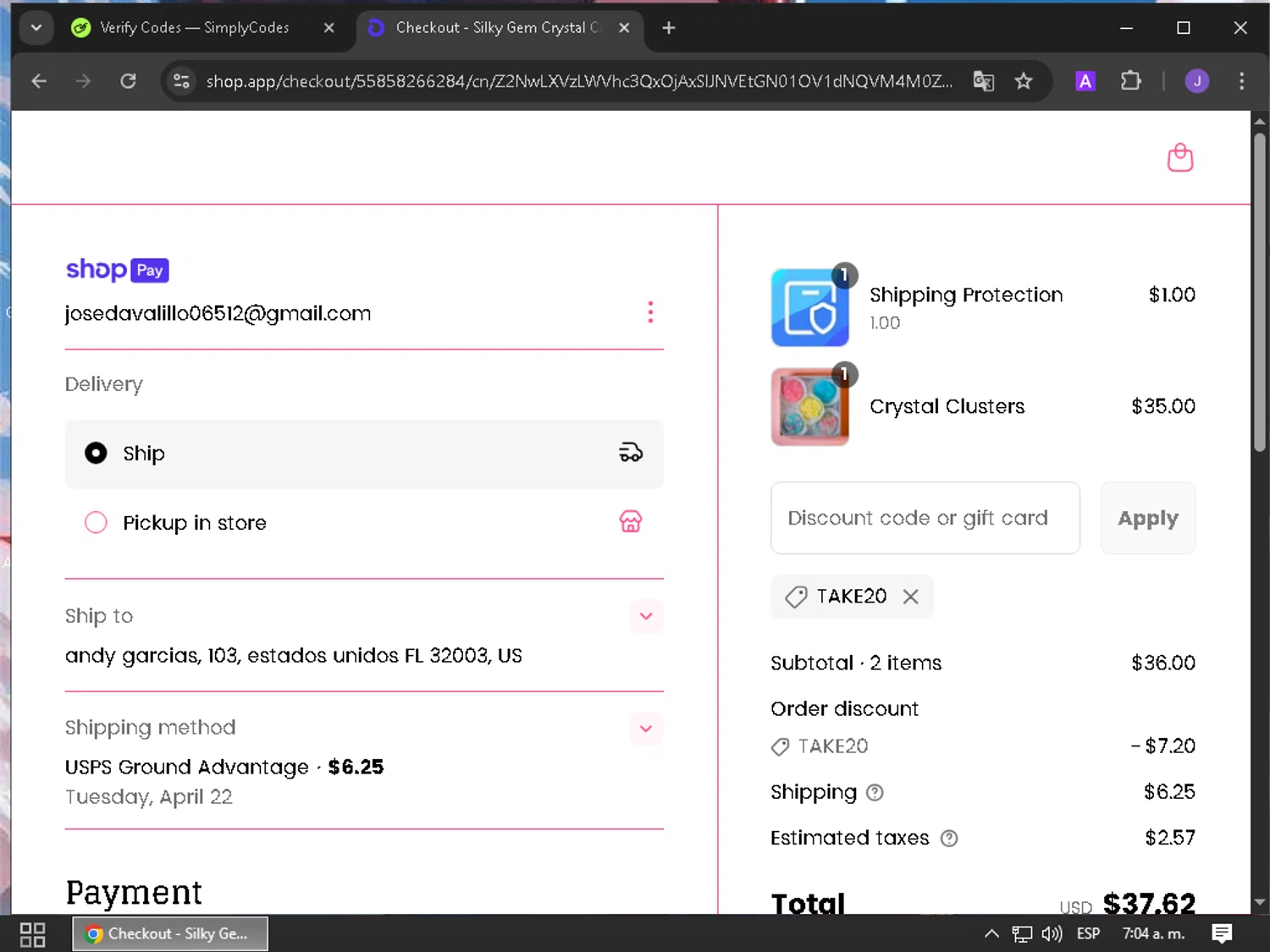 Silky Gem discount code screenshot showing code TAKE20 applied at Silky Gem checkout page. Uploaded by SimplyCodes community member CleverAce1233 on Apr 12, 2025