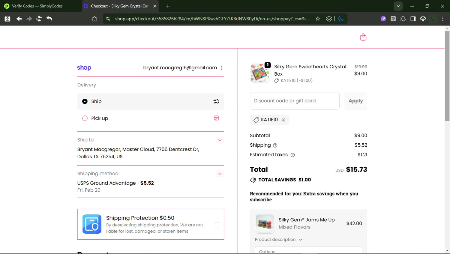 Silky Gem checkout page showing Silky Gem discount code box | Screenshot taken by SimplyCodes community member on Feb 4, 2026