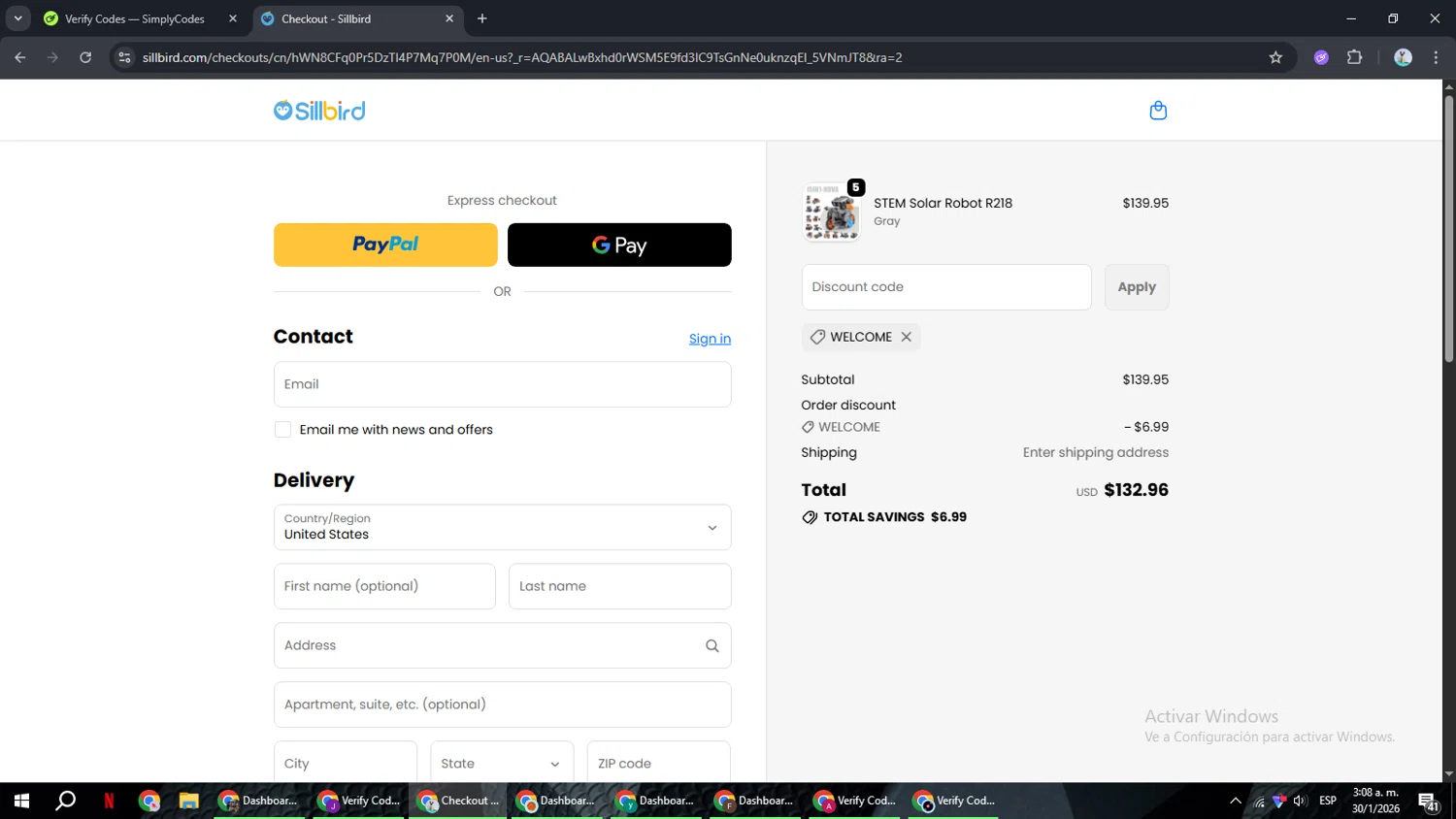 Sillbird promo code screenshot showing code Welcome applied at Sillbird checkout page. Uploaded by SimplyCodes community member ShrewdSeeker6165 on Jan 30, 2026