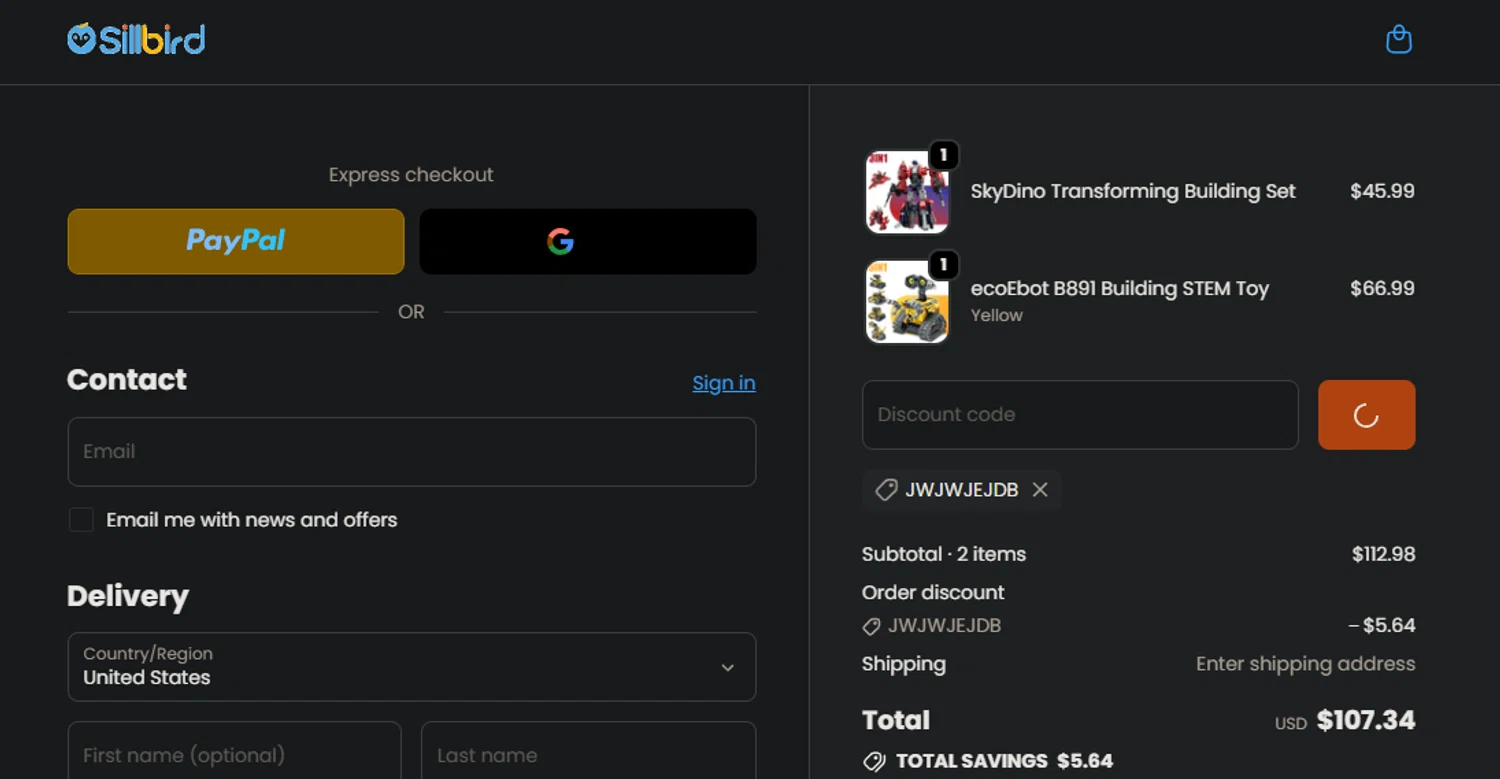 Sillbird promo code screenshot showing code JWJWJEJDB applied at Sillbird checkout page. Uploaded by SimplyCodes community member FIREINTHEHOLE on Dec 21, 2025