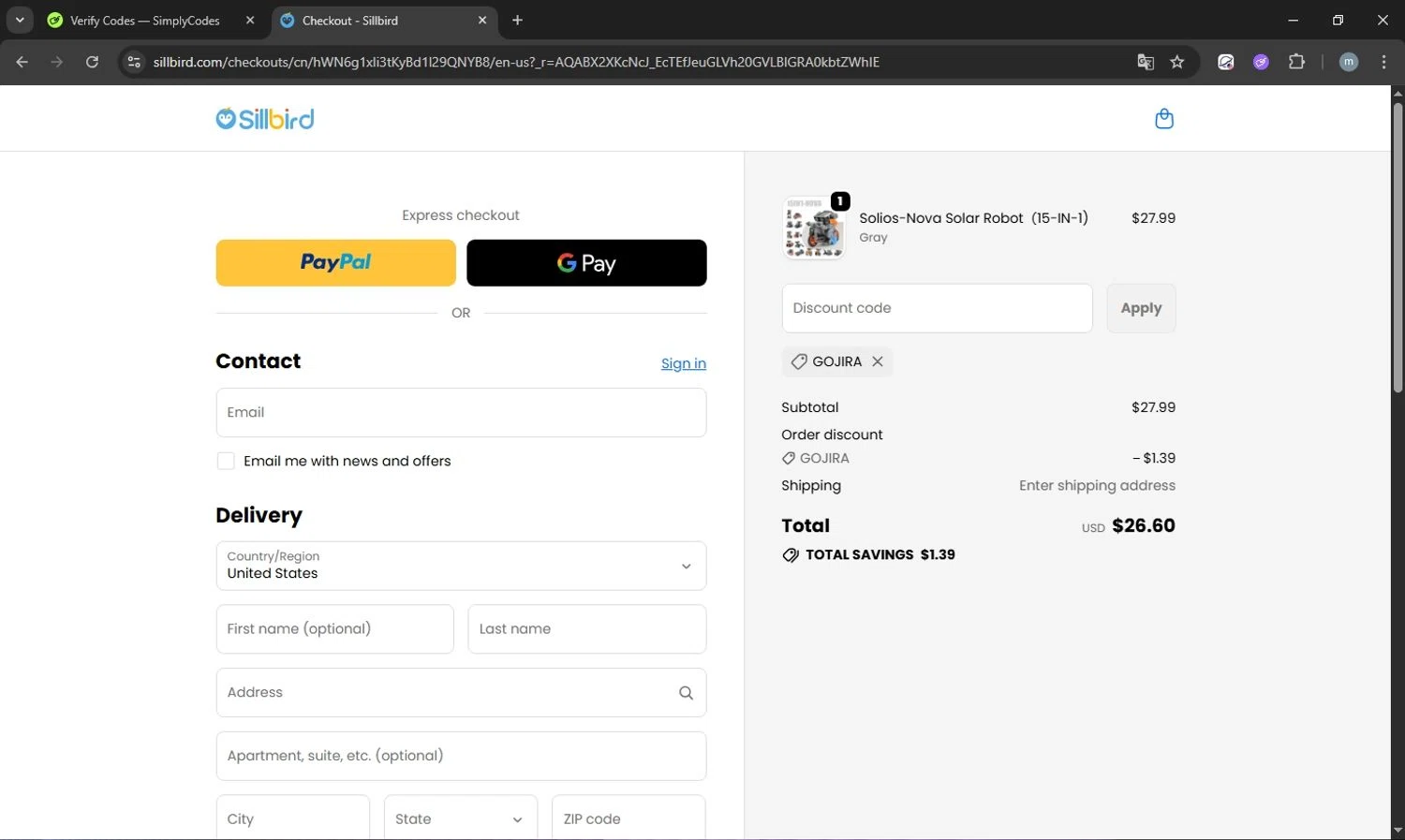 Sillbird promo code screenshot showing code GOJIRA applied at Sillbird checkout page. Uploaded by SimplyCodes community member acostaacosta on Dec 21, 2025