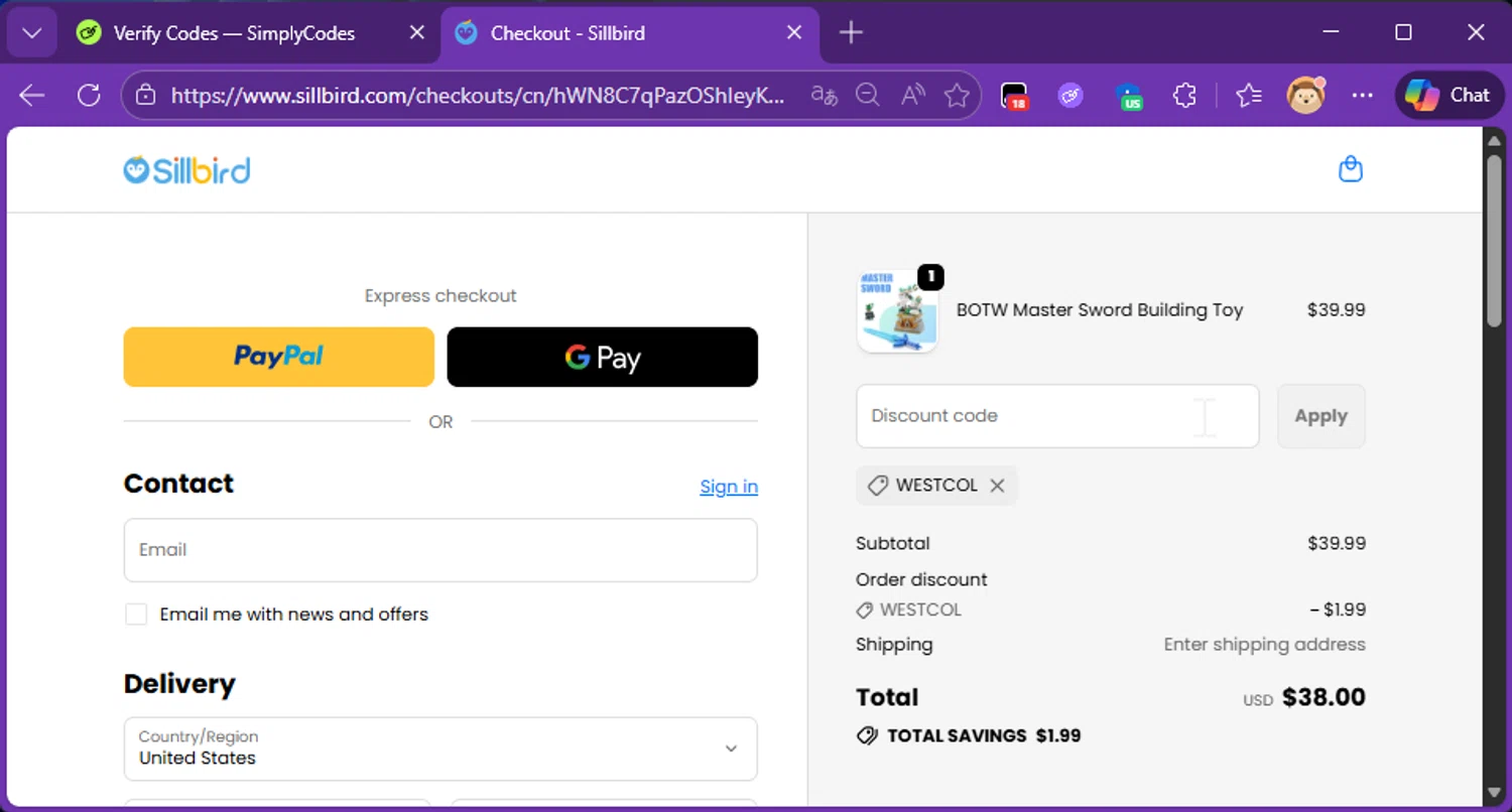 Sillbird promo code screenshot showing code WESTCOL applied at Sillbird checkout page. Uploaded by SimplyCodes community member Raibelys_18 on Jan 30, 2026