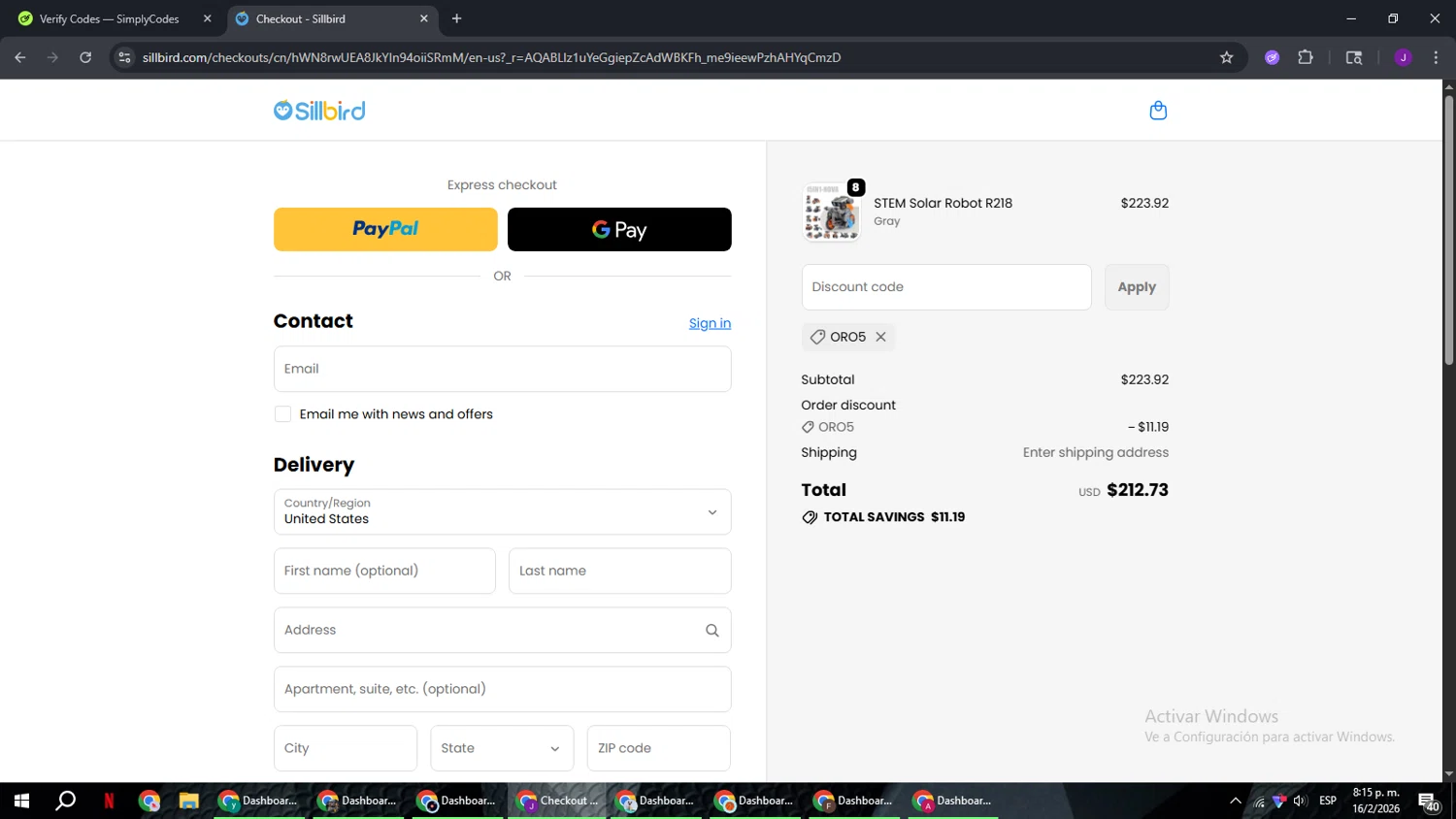 Sillbird promo code screenshot showing code ORO5 applied at Sillbird checkout page. Uploaded by SimplyCodes community member ComeBurra123 on Feb 17, 2026