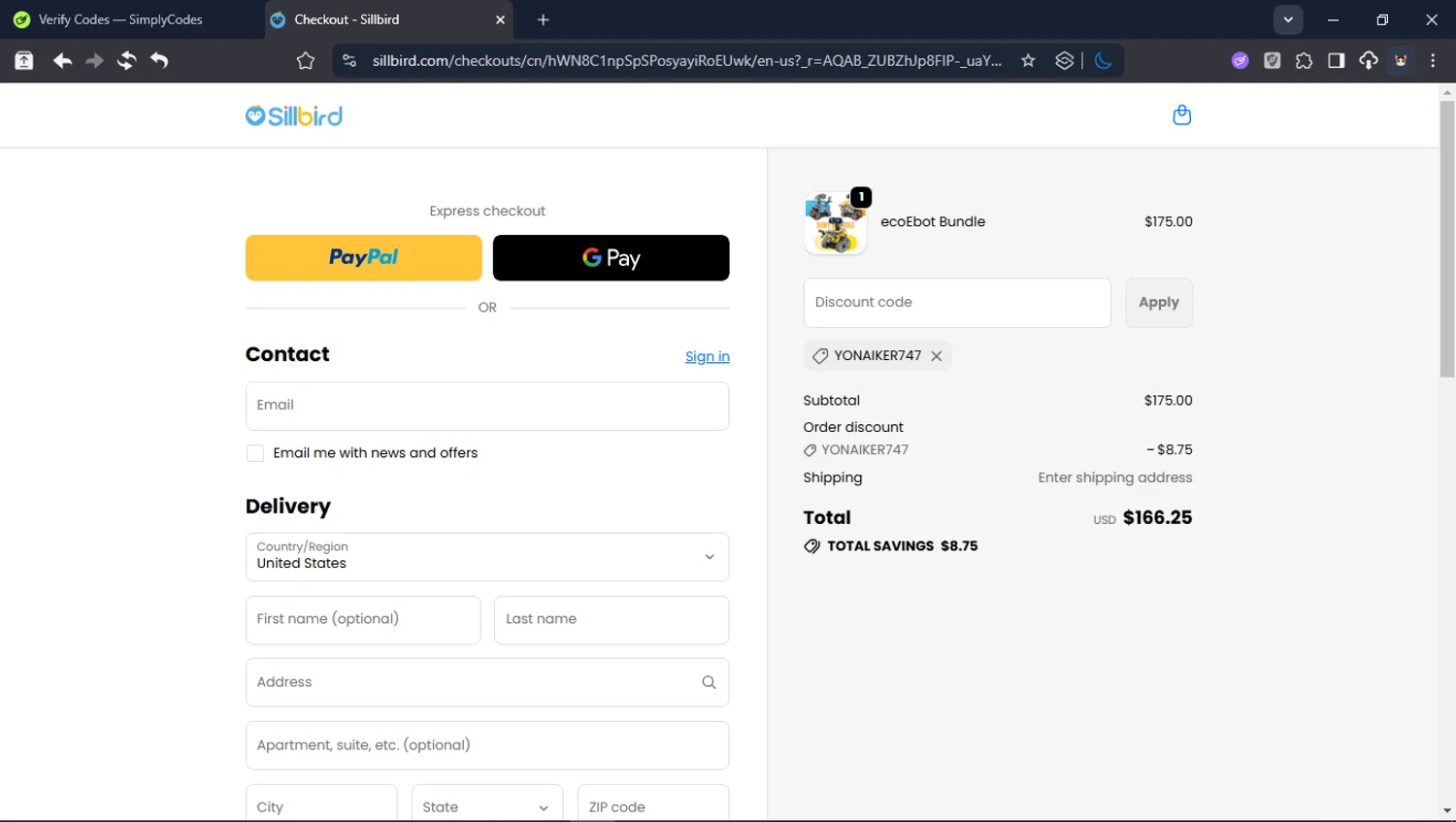 Sillbird promo code screenshot showing code YONAIKER747 applied at Sillbird checkout page. Uploaded by SimplyCodes community member Userr2 on Jan 30, 2026