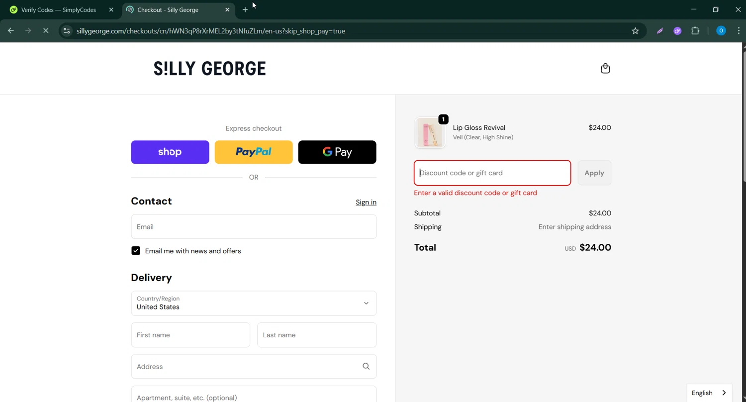 Silly George discount code screenshot showing code Dealspotr10 applied at Silly George checkout page. Uploaded by SimplyCodes community member CodeScholar4340 on Oct 7, 2025