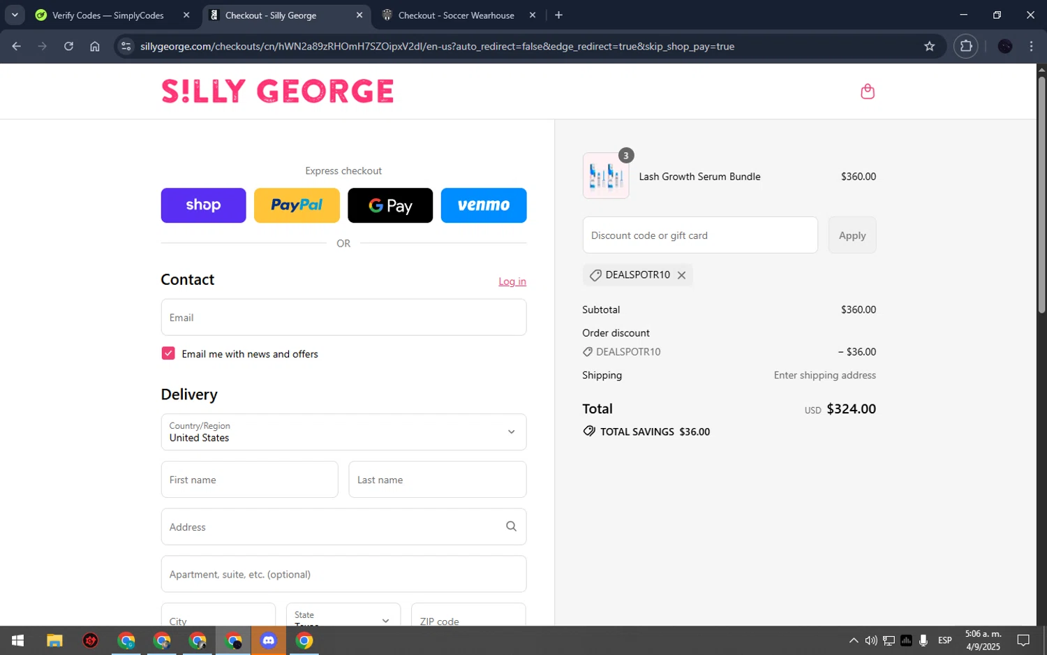 Silly George discount code screenshot showing code Dealspotr10 applied at Silly George checkout page. Uploaded by SimplyCodes community member ELAMARILLO on Sep 4, 2025