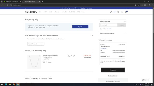 Silpada checkout page showing Silpada coupon code box | Screenshot taken by SimplyCodes community member on Feb 6, 2025