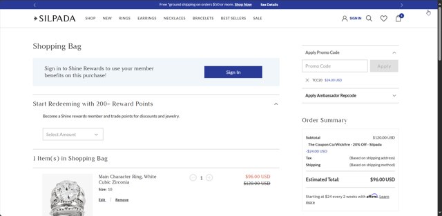 Silpada checkout page showing Silpada coupon code box | Screenshot taken by SimplyCodes community member on May 30, 2025