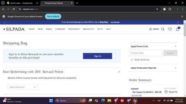 Silpada checkout page showing Silpada coupon code box | Screenshot taken by SimplyCodes community member on Jan 31, 2025