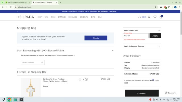 Silpada checkout page showing Silpada coupon code box | Screenshot taken by SimplyCodes community member on Feb 2, 2025