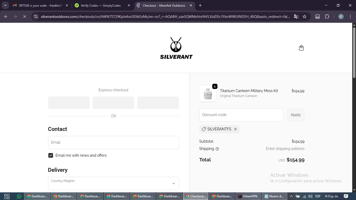 SilverAnt Outdoors checkout page showing SilverAnt Outdoors promo code box | Screenshot taken by SimplyCodes community member on Jan 10, 2026