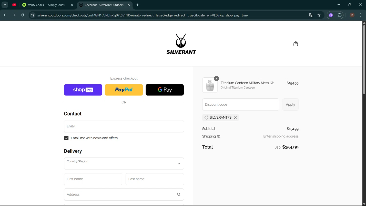 SilverAnt Outdoors promo code screenshot showing code SILVERANTFS applied at SilverAnt Outdoors checkout page. Uploaded by SimplyCodes community member ShrewdPro2243 on Aug 4, 2025