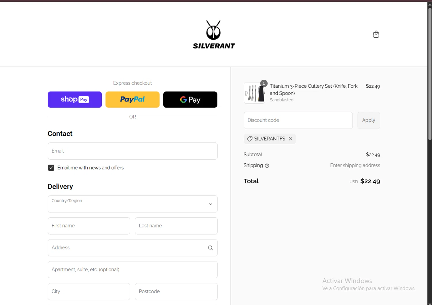 SilverAnt Outdoors promo code screenshot showing code SILVERANTFS applied at SilverAnt Outdoors checkout page. Uploaded by SimplyCodes community member TreasureChaser3010 on Jul 22, 2025
