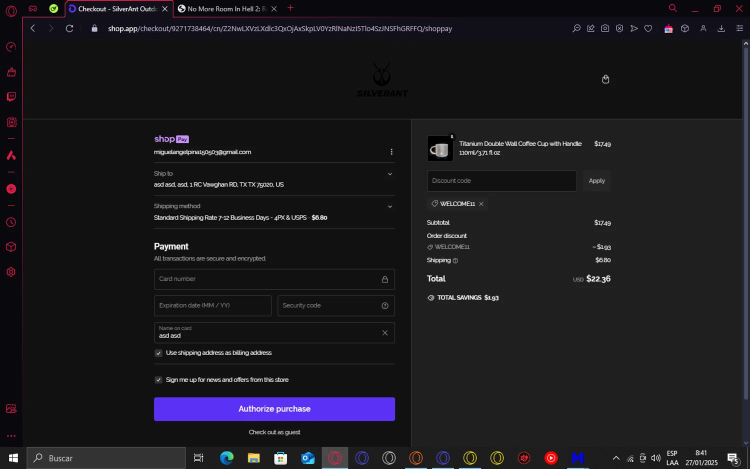 SilverAnt Outdoors promo code screenshot showing code WELCOME11 applied at SilverAnt Outdoors checkout page. Uploaded by SimplyCodes community member Mondongo_ on Jan 27, 2025