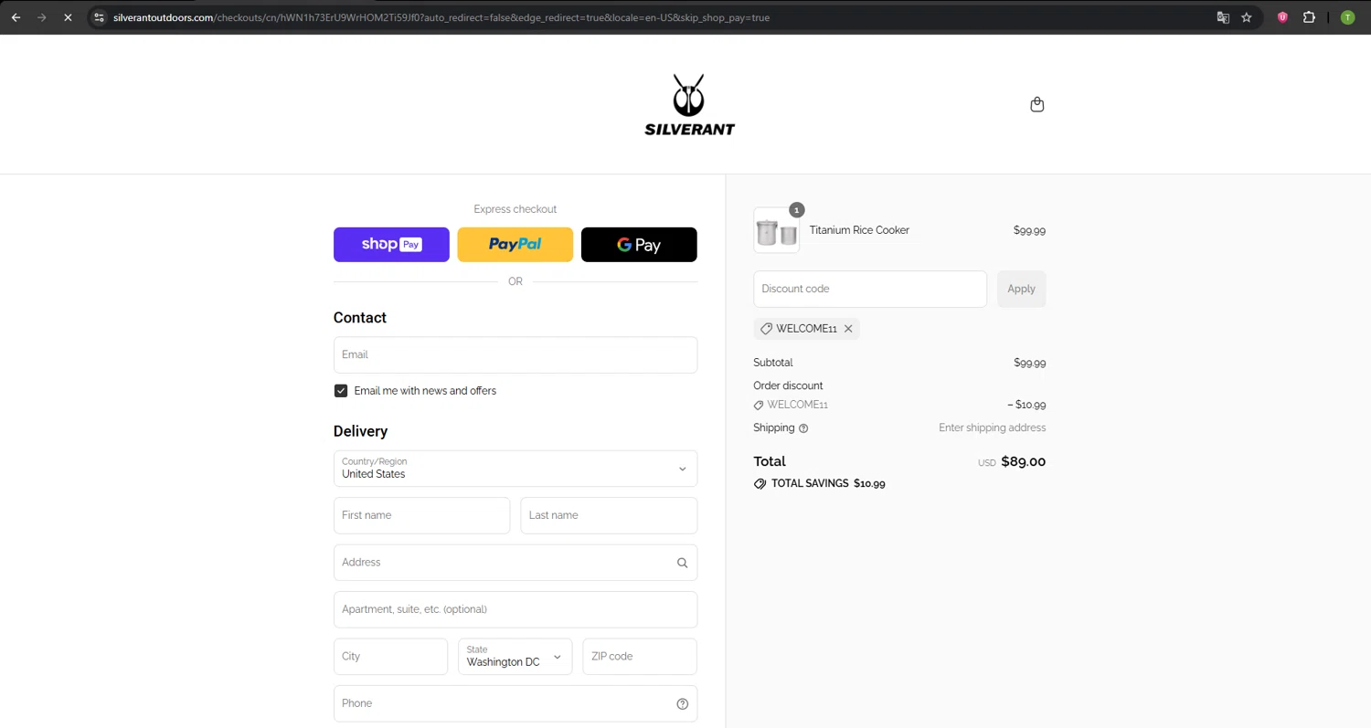 SilverAnt Outdoors promo code screenshot showing code WELCOME11 applied at SilverAnt Outdoors checkout page. Uploaded by SimplyCodes community member SavvyNavigator1720 on Aug 12, 2025