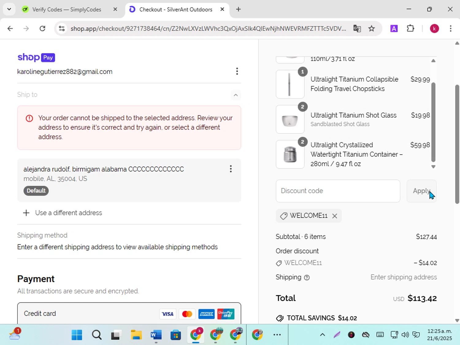 SilverAnt Outdoors promo code screenshot showing code WELCOME11 applied at SilverAnt Outdoors checkout page. Uploaded by SimplyCodes community member karoline on Jun 21, 2025