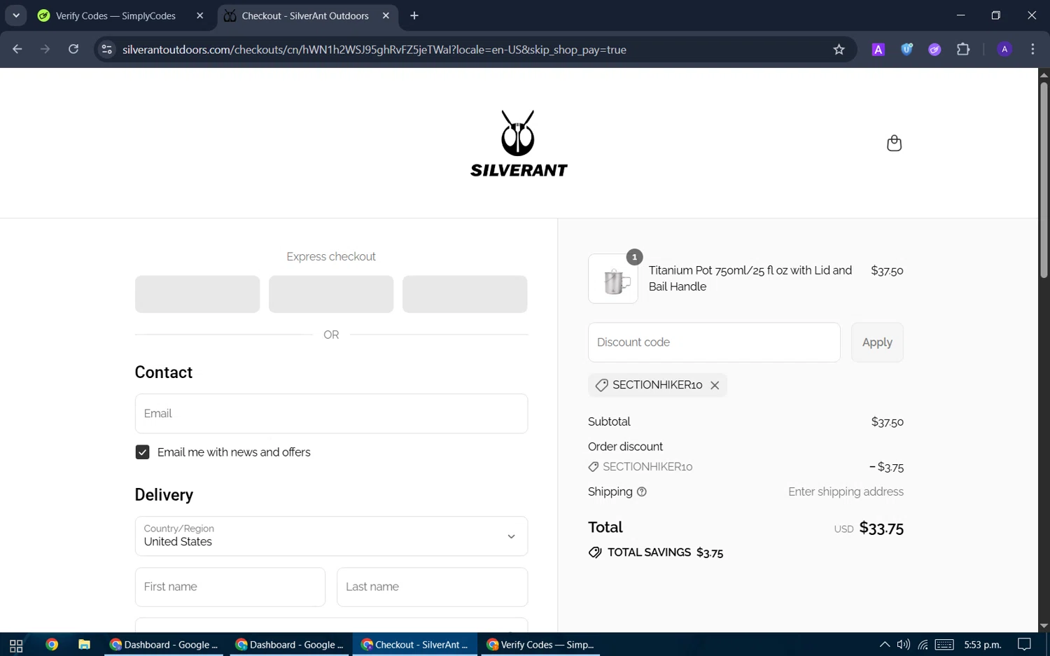 SilverAnt Outdoors promo code screenshot showing code SectionHiker10 applied at SilverAnt Outdoors checkout page. Uploaded by SimplyCodes community member ThriftySentinel2853 on Aug 11, 2025
