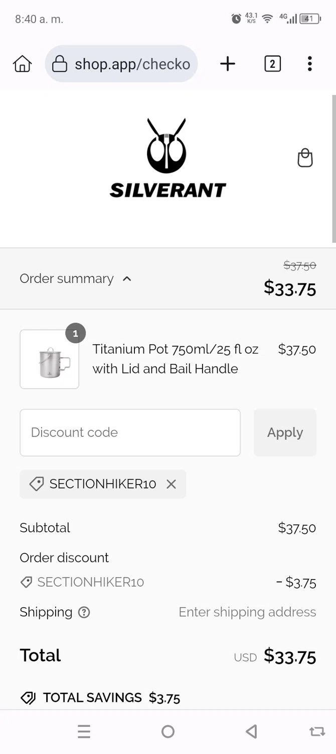 SilverAnt Outdoors promo code screenshot showing code SectionHiker10 applied at SilverAnt Outdoors checkout page. Uploaded by SimplyCodes community member ValueMaven6776 on Jan 27, 2025