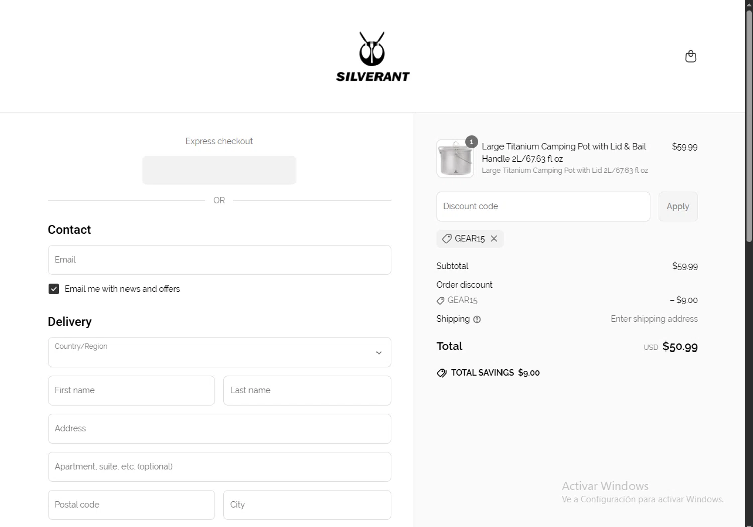 SilverAnt Outdoors promo code screenshot showing code gear15 applied at SilverAnt Outdoors checkout page. Uploaded by SimplyCodes community member VoucherRanger9105 on Jun 10, 2025