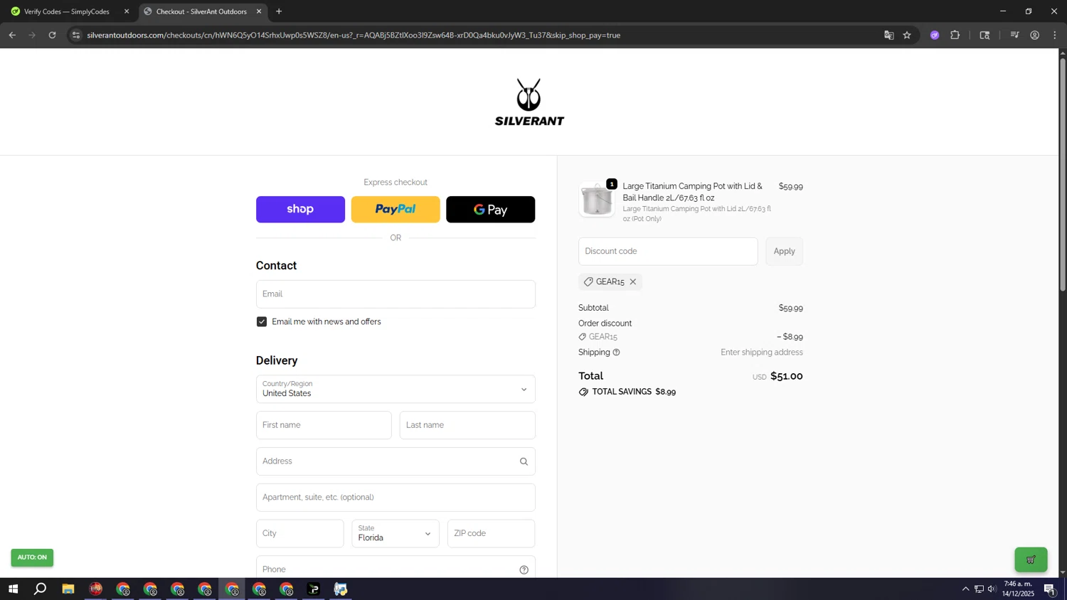 SilverAnt Outdoors promo code screenshot showing code gear15 applied at SilverAnt Outdoors checkout page. Uploaded by SimplyCodes community member wwwwwwwwwwwwwwwwwww on Dec 14, 2025