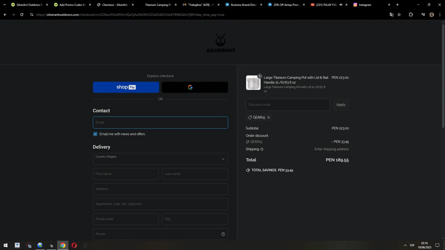 SilverAnt Outdoors promo code screenshot showing code gear15 applied at SilverAnt Outdoors checkout page. Uploaded by SimplyCodes community member MarcosAranguren on Jun 10, 2025