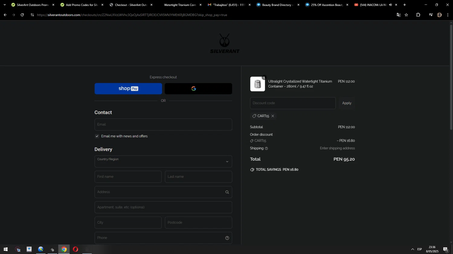 SilverAnt Outdoors promo code screenshot showing code cart15 applied at SilverAnt Outdoors checkout page. Uploaded by SimplyCodes community member MarcosAranguren on May 9, 2025