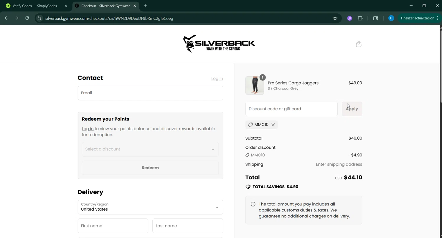 Silverback Gym Wear discount code screenshot showing code MMC10 applied at Silverback Gym Wear checkout page. Uploaded by SimplyCodes community member GoldChaser6627 on Aug 25, 2025
