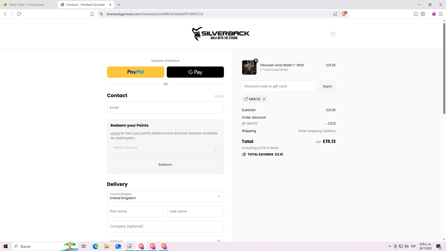 Silverback Gym Wear discount code screenshot showing code MMC10 applied at Silverback Gym Wear checkout page. Uploaded by SimplyCodes community member Machi005 on Jul 26, 2025