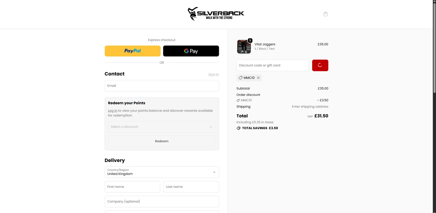 Silverback Gym Wear discount code screenshot showing code MMC10 applied at Silverback Gym Wear checkout page. Uploaded by SimplyCodes community member RebatePioneer1295 on Oct 26, 2025