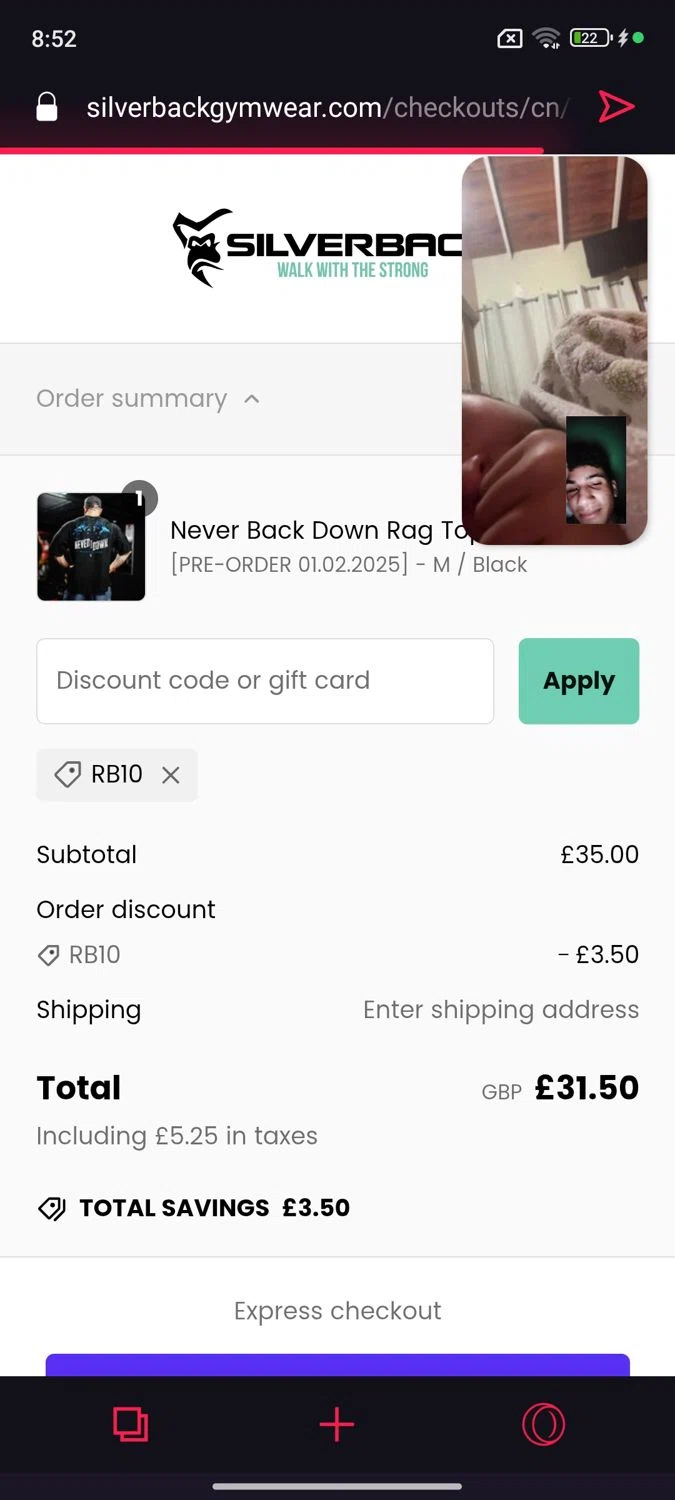 Silverback Gym Wear discount code screenshot showing code RB10 applied at Silverback Gym Wear checkout page. Uploaded by SimplyCodes community member Mykeusername on Jan 22, 2025