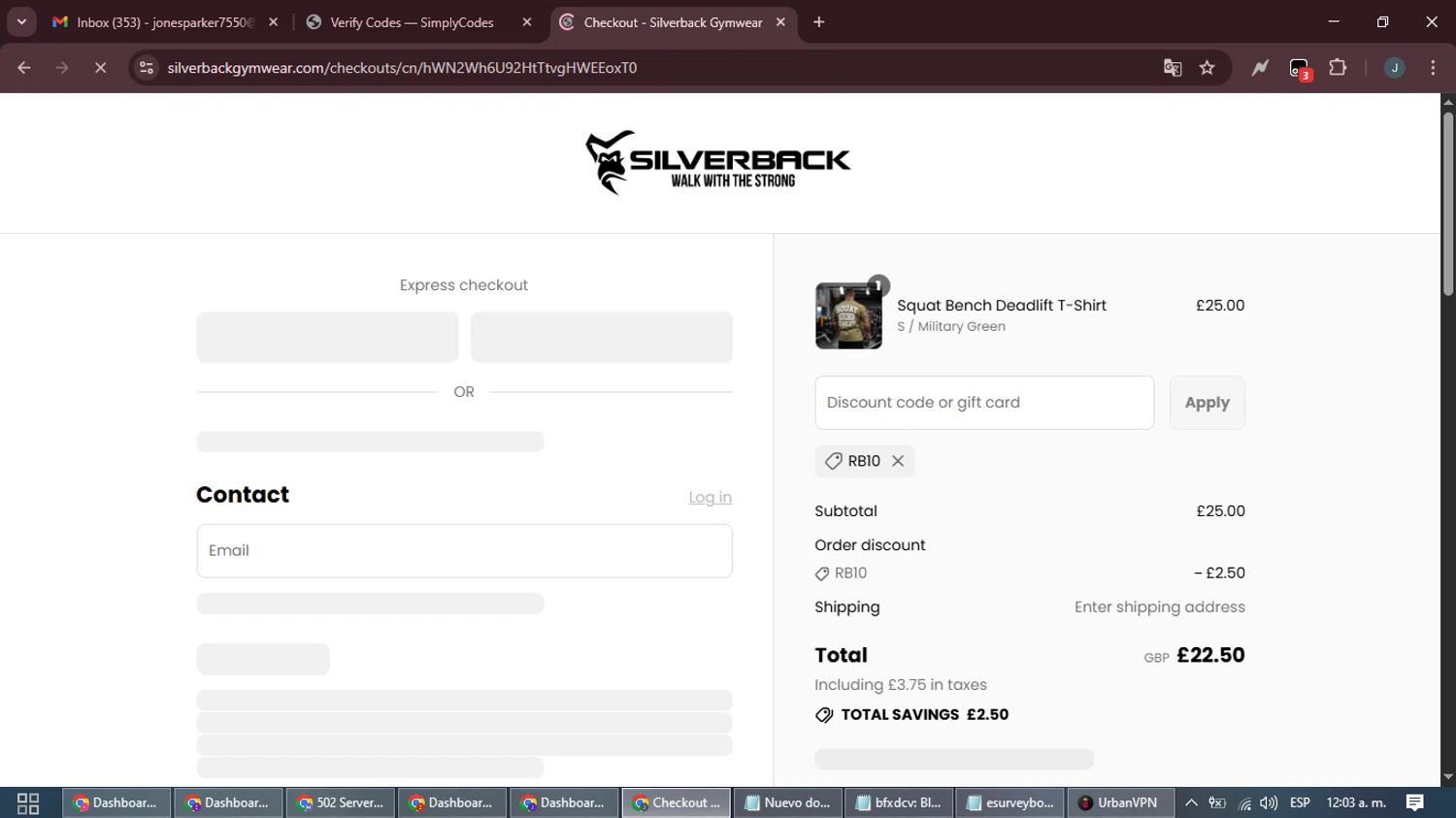 Silverback Gym Wear discount code screenshot showing code RB10 applied at Silverback Gym Wear checkout page. Uploaded by SimplyCodes community member ScanLynx8928 on Sep 2, 2025