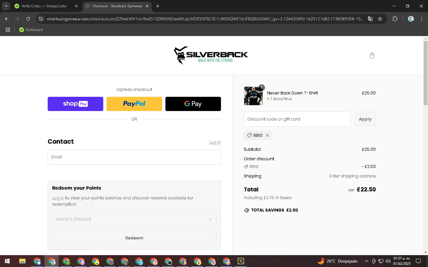 Silverback Gym Wear discount code screenshot showing code RB10 applied at Silverback Gym Wear checkout page. Uploaded by SimplyCodes community member CleverRanger7308 on Feb 1, 2025