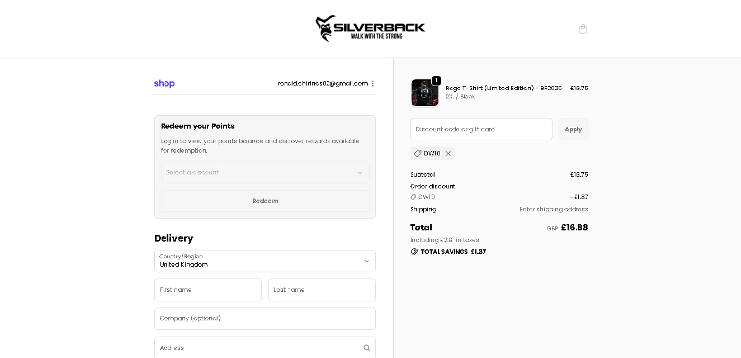Silverback Gym Wear discount code screenshot showing code DW10 applied at Silverback Gym Wear checkout page. Uploaded by SimplyCodes community member FortunateElite5130 on Dec 9, 2025