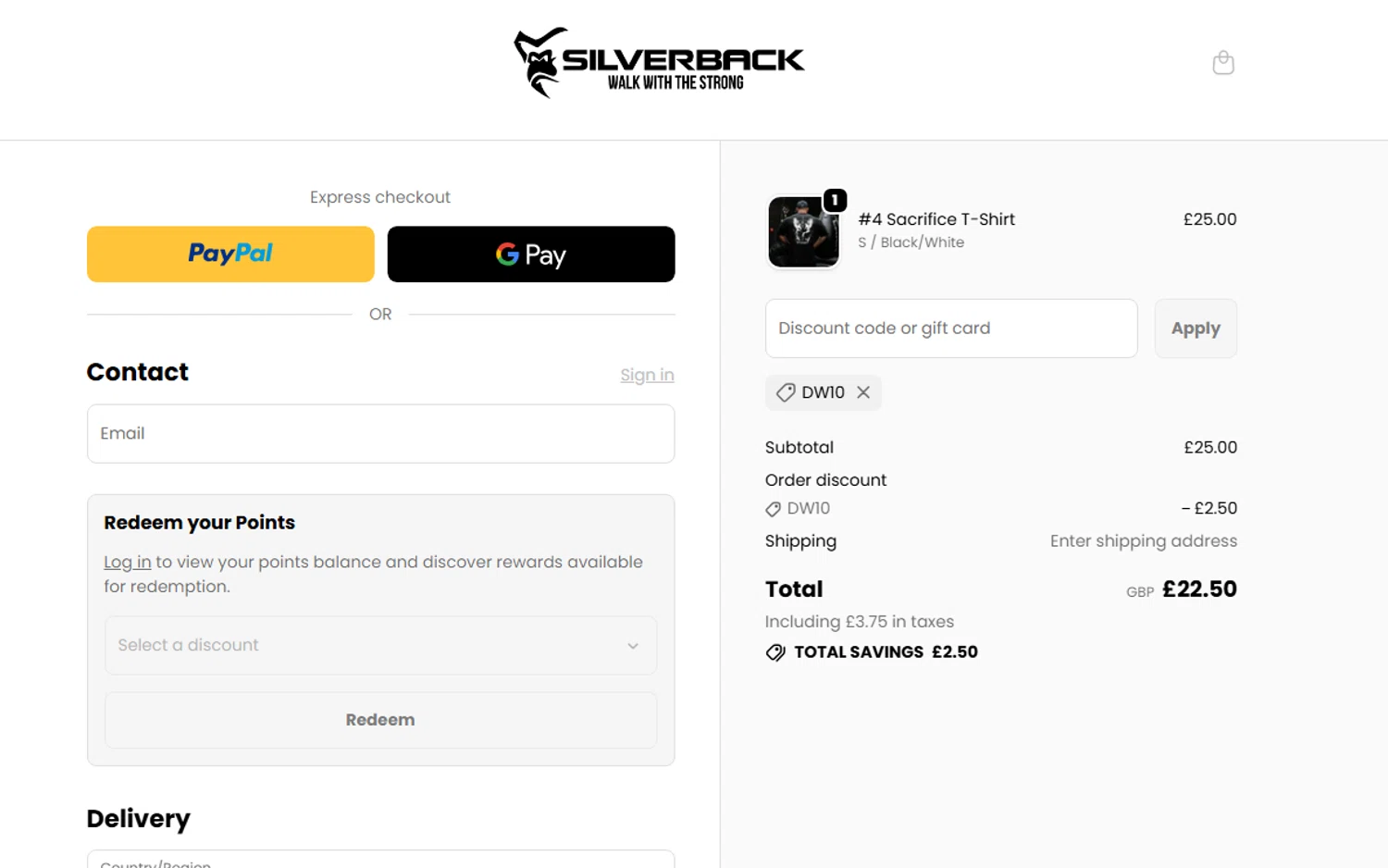 Silverback Gym Wear discount code screenshot showing code DW10 applied at Silverback Gym Wear checkout page. Uploaded by SimplyCodes community member NinjaShoyo on Oct 17, 2025
