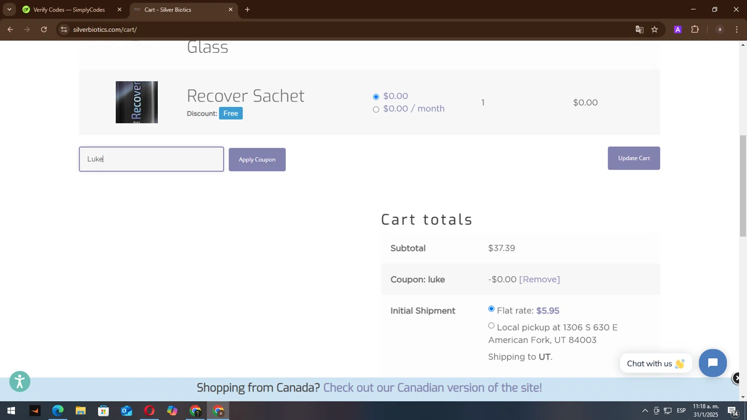 Silver Biotics promo code screenshot showing code Luke applied at Silver Biotics checkout page. Uploaded by SimplyCodes community member lisandro on Jan 31, 2025