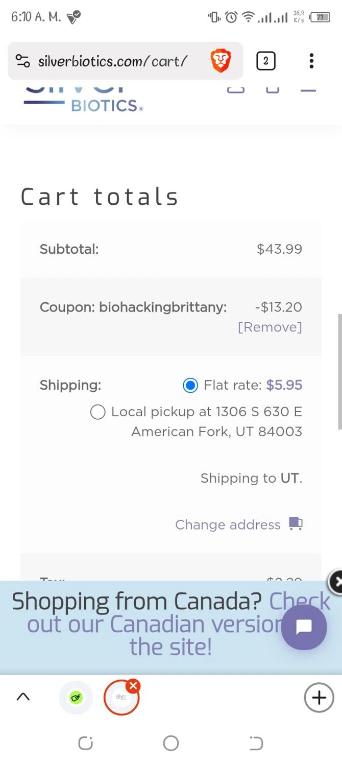 Silver Biotics promo code screenshot showing code BIOHACKINGBRITTANY applied at Silver Biotics checkout page. Uploaded by SimplyCodes community member Navarro10 on Jun 14, 2025