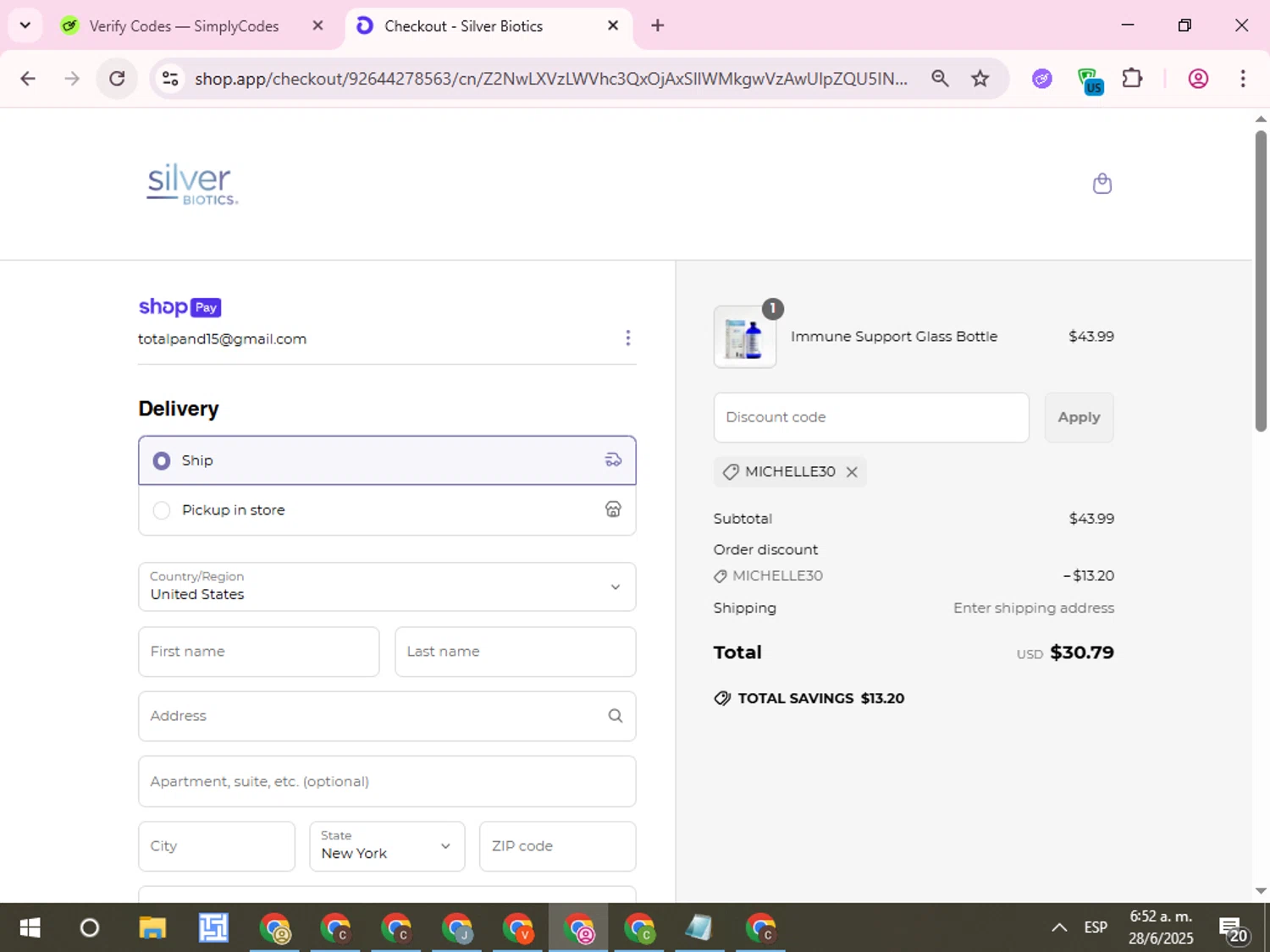 Silver Biotics promo code screenshot showing code MICHELLE30 applied at Silver Biotics checkout page. Uploaded by SimplyCodes community member QuestCurator1644 on Jun 28, 2025