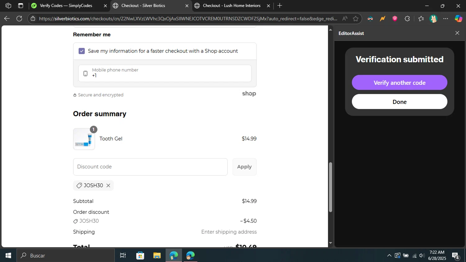 Silver Biotics promo code screenshot showing code JOSH30 applied at Silver Biotics checkout page. Uploaded by SimplyCodes community member Don_Quixote on Jun 28, 2025