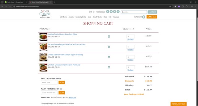 Silver Cuisine checkout page showing Silver Cuisine promo code box | Screenshot taken by SimplyCodes community member on Jul 17, 2025