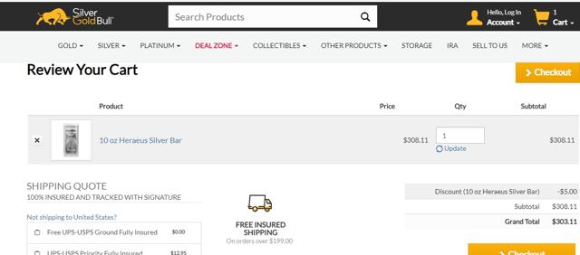 Silver Gold Bull checkout page showing Silver Gold Bull discount code box | Screenshot taken by SimplyCodes community member on Jun 28, 2021