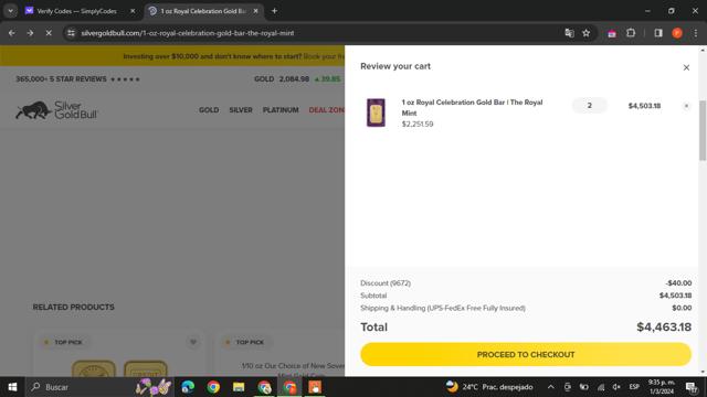 Silver Gold Bull checkout page showing Silver Gold Bull discount code box | Screenshot taken by SimplyCodes community member on Mar 2, 2024
