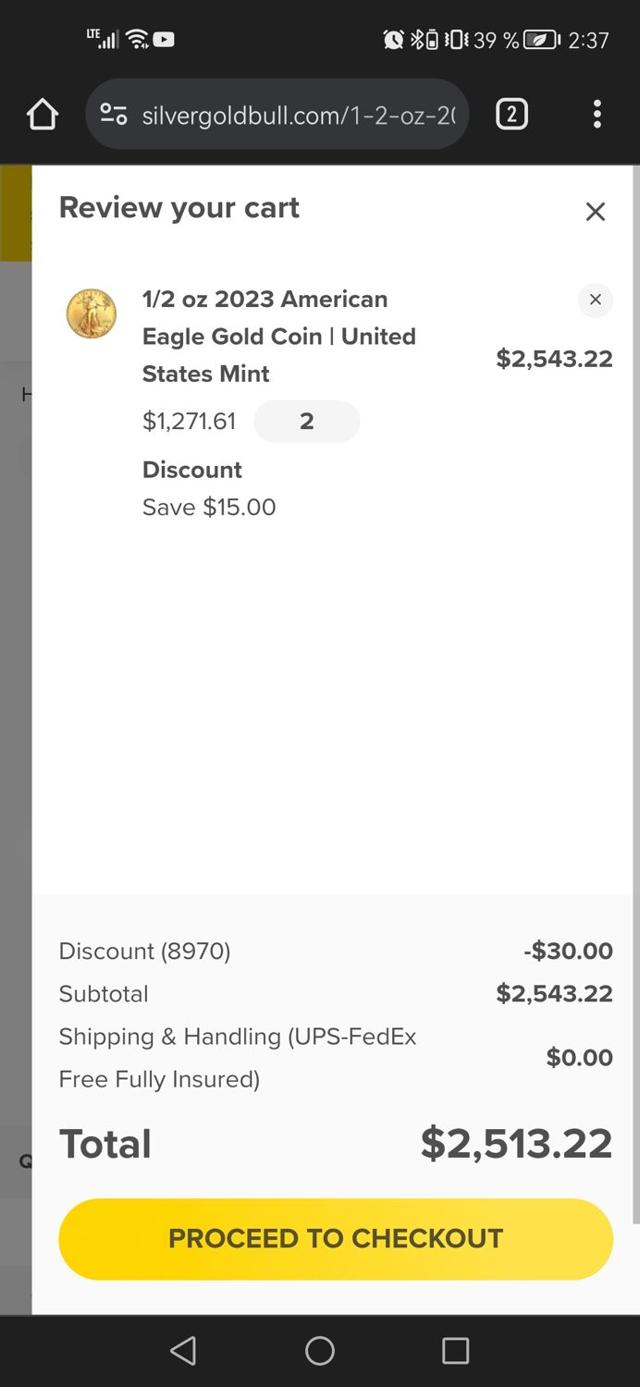 Silver Gold Bull checkout page showing Silver Gold Bull discount code box | Screenshot taken by SimplyCodes community member on Mar 29, 2024