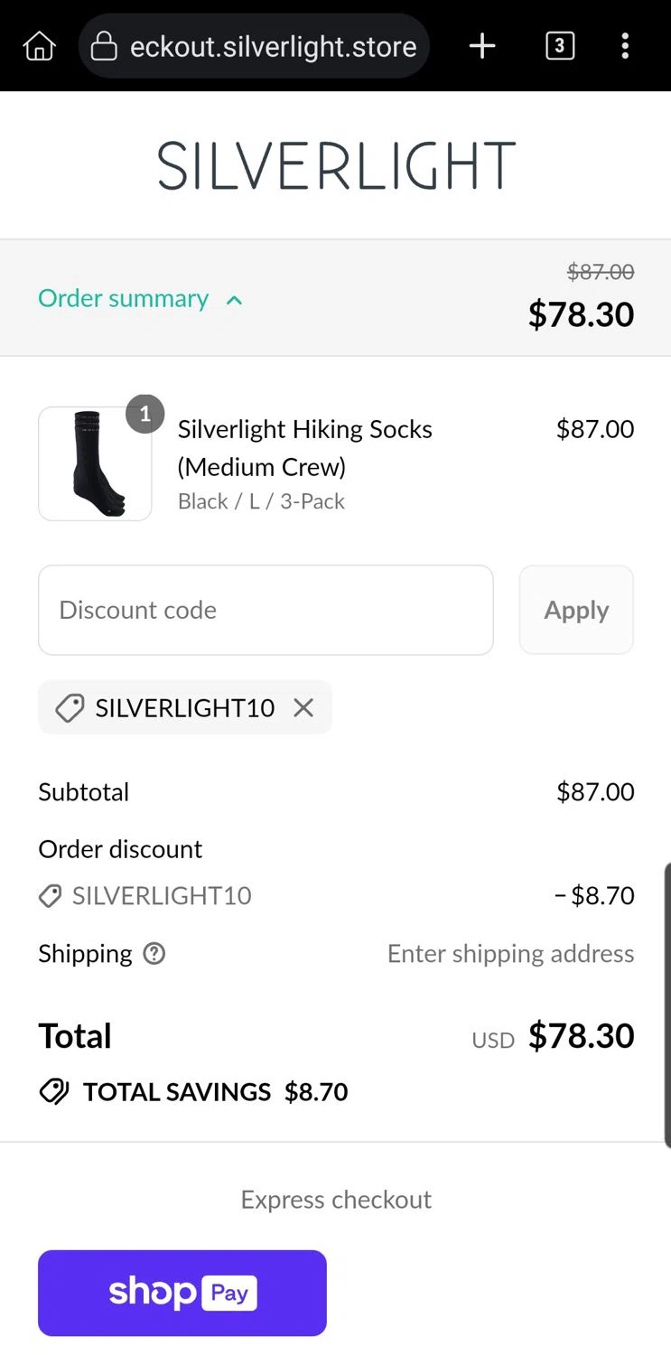 Silverlight discount code screenshot showing code SILVERLIGHT10 applied at Silverlight checkout page. Uploaded by SimplyCodes community member Carloslvz on Aug 14, 2025