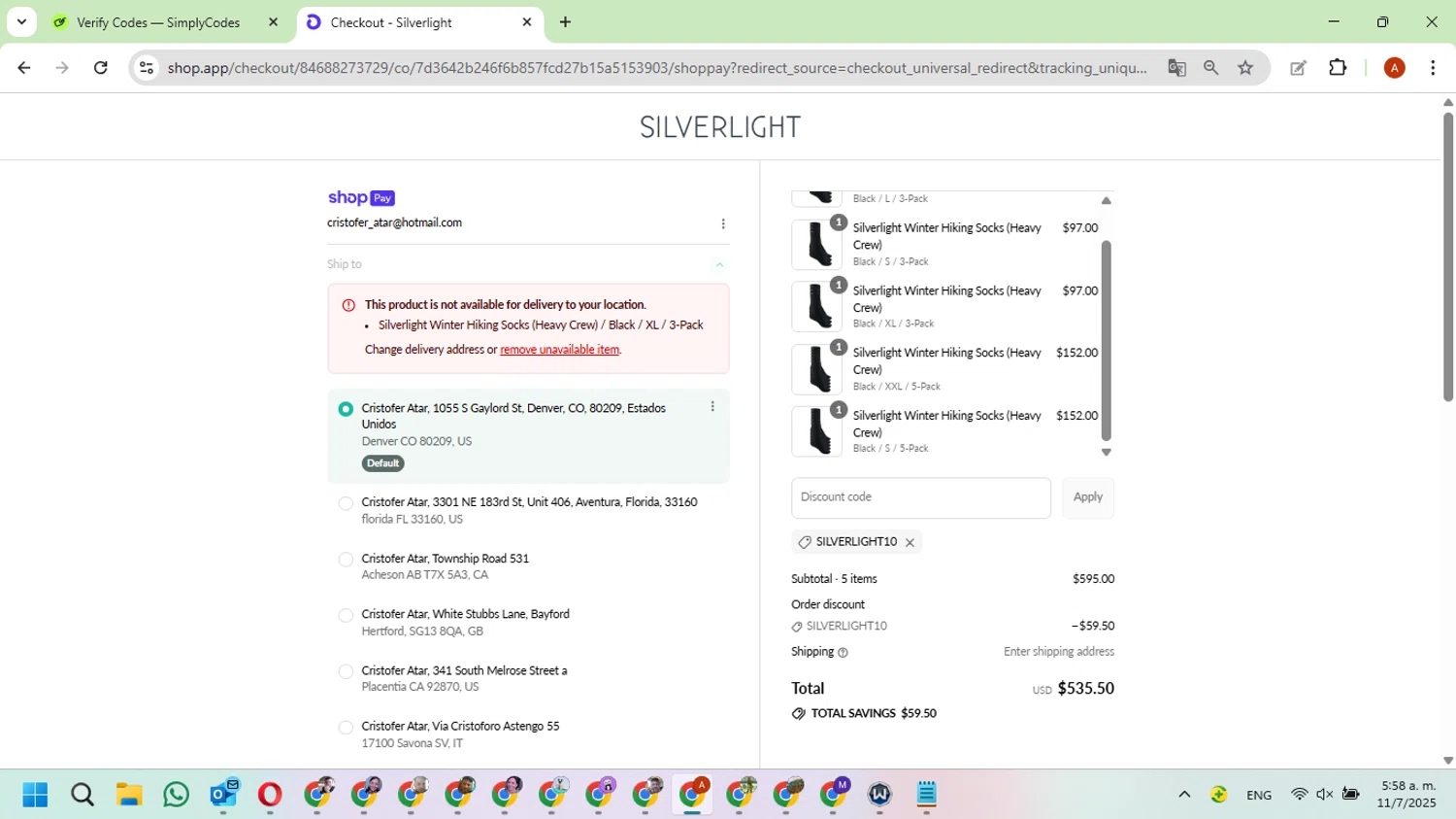 Silverlight discount code screenshot showing code SILVERLIGHT10 applied at Silverlight checkout page. Uploaded by SimplyCodes community member FundoKadmiel on Jul 11, 2025