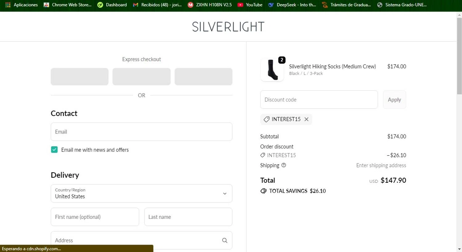 Silverlight discount code screenshot showing code INTEREST15 applied at Silverlight checkout page. Uploaded by SimplyCodes community member Patobel on Dec 12, 2025