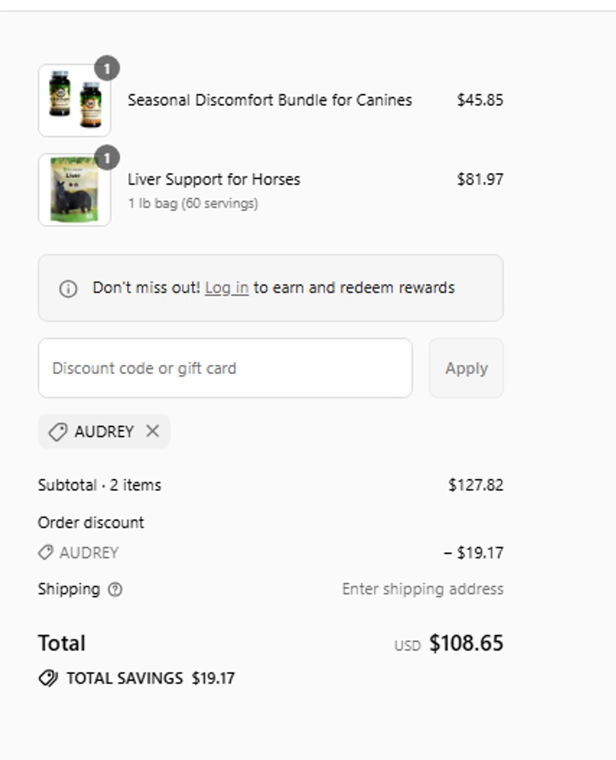 Silver Lining Herbs discount code screenshot showing code AUDREY applied at Silver Lining Herbs checkout page. Uploaded by SimplyCodes community member gaaaaaaara on Sep 10, 2025