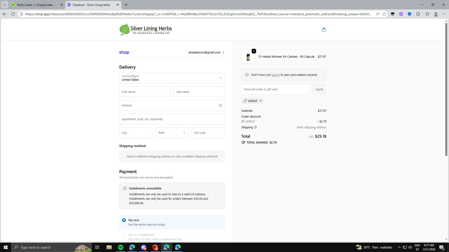 Silver Lining Herbs promo code screenshot showing code ADBG5 applied at Silver Lining Herbs checkout page. Uploaded by SimplyCodes community member fghfgefds2 on Feb 21, 2026