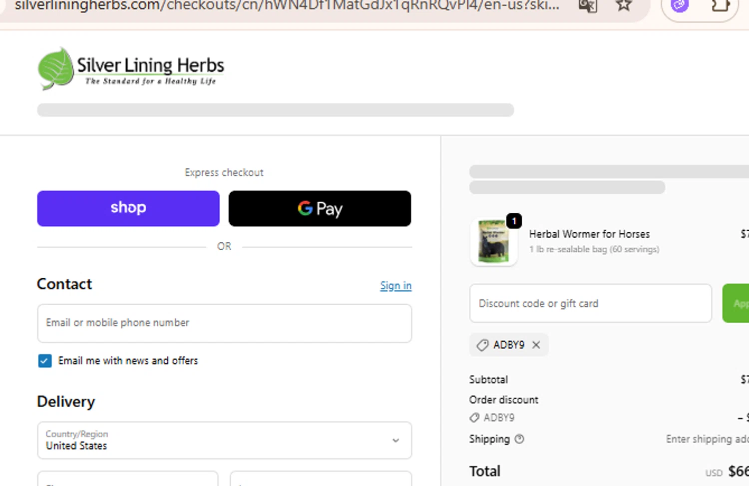 Silver Lining Herbs discount code screenshot showing code ADBY9 applied at Silver Lining Herbs checkout page. Uploaded by SimplyCodes community member BudgetLion5814 on Oct 17, 2025