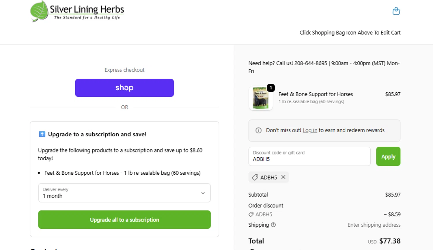 Silver Lining Herbs promo code screenshot showing code ADBH5 applied at Silver Lining Herbs checkout page. Uploaded by SimplyCodes community member CleverWhiz2265 on Dec 21, 2025